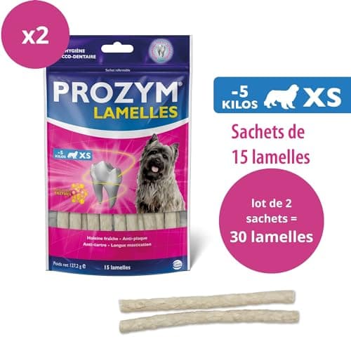 PROZYM Pack 2x15 Lamelles pour Chiens - Soin Dentaire à mâcher - N°1 chez Les vétérinaires - Haleine fraîche - Anti-tartre - Anti-Plaque - Gencives saines - 30 Lamelles (XS)