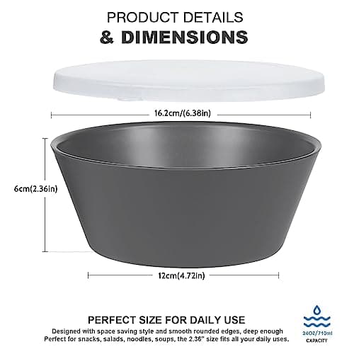 Greentainer Lot de 6 grands bols à céréales incassables avec couvercles – 750ml en plastique léger – Passe au lave-vaisselle et au micro-ondes – pour céréales, salade, soupe, nouilles, Gris