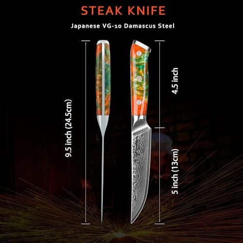SANMUZUO Ensemble de couteaux à steak de 4 pièces, couteau à steak de cuisine ultra-tranchant non dentelé de 5 pouces - Acier de Damas et manche en résine - Série Xuan(Orange Fantastique)