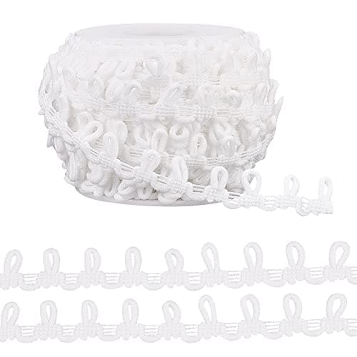 PandaHall 18m Boutonnière Ruban Garniture tressée avec boucles boutonnées 14mm Cordon de tresse de bouton de corset Élastique Blanc Garniture en dentelle à boucle boutonnée pour costumes, Blanc