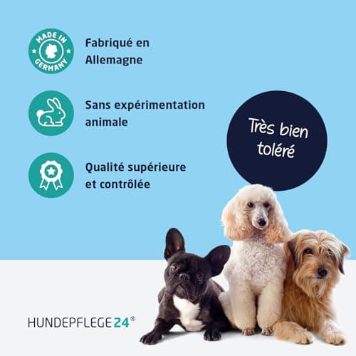 Hundepflege24 Nettoyant Oreille Chien Intense - Super Puissant en Cas d'inflammations & infections - Gouttes d'oreilles Naturelles pour Chiens avec du piroctone olamine, de la Camomille & l'aloe Vera