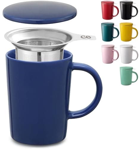 Cosumy Tasse à Thé avec Infuseur et Couvercle 400ml Grand - Céramique - Reste Chaud Longtemps (Bleu Profond)