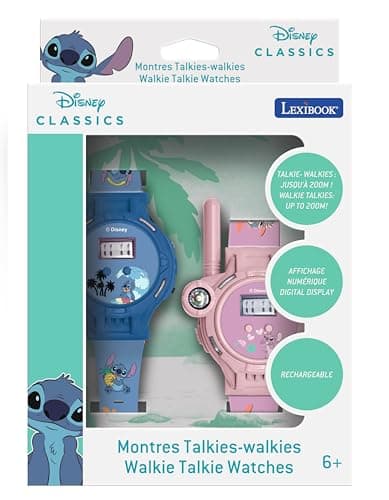 Lexibook, Disney Stitch, Montres Talkie-Walkies, 2 pièces, Portée jusqu'à 200m, Lampe de Poche, Boussole, Rechargeable, Bleu et Rose, DMWTW1D