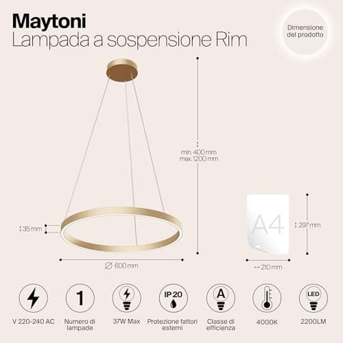 Suspension Design, Lustre LED, Style Moderne, rond, Armature en Métal couleur laiton, plafonnier en Métal en forme de cercle, pour le Salon K: 4000 lm 2200 230V IP 20