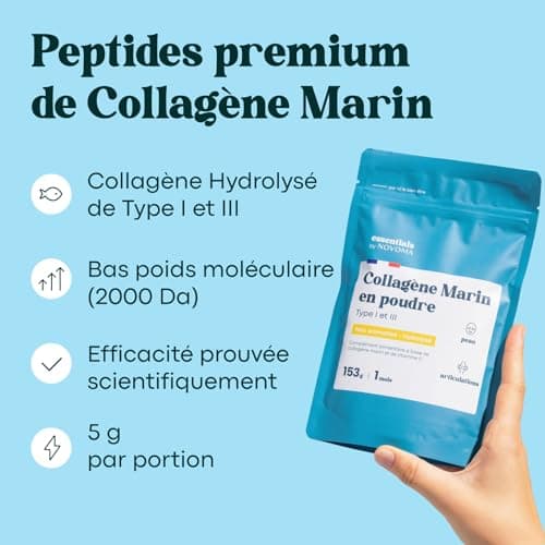 Collagène Marin Poudre Type 1 et 3, Non Aromatisé, 5g par jour, Cure de 30 jours, Peptides Hydrolysés 2000 DA, Peau Hydratée & Articulations Souples, Sachet 153g, Essentials by Novoma