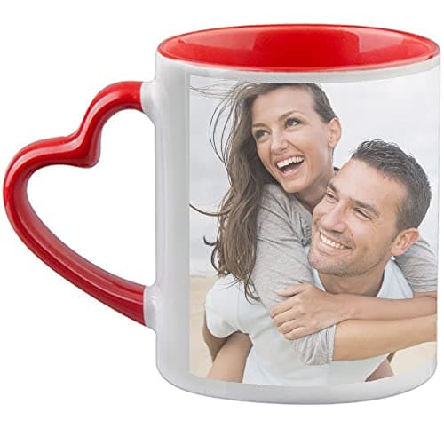 Mug céramique personnalisé photo avec anse cœur et intérieur rouge – Tasse personnalisable avec anse cœur rouge – Idée cadeau femme, homme, noel, fête mères, st valentin