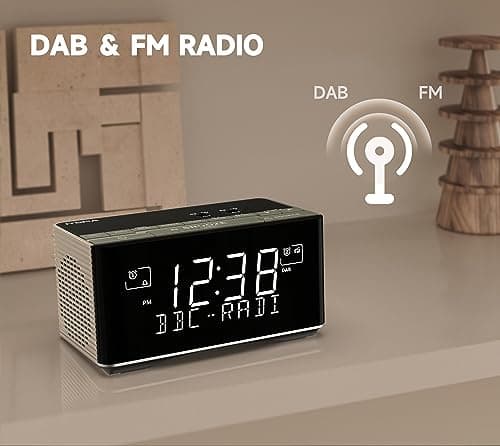 iTOMA Réveil Radio FM et Dab avec Port de Charge USB, Haut - Parleur stéréo Bluetooth, Prise Casque, Double Alarme, Snooze, écran LCD dimmable 3501