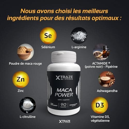 Racine de maca avec l'ashwagandha, la L-citrulline, la L-arginine, le zinc, le sélénium et la vitamine D3 pour de meilleures performances sportives, approvisionnement de 60 jours par XTRAZE
