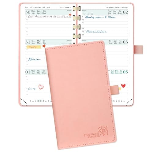 POPRUN Agenda de Poche 2025 16,5 x 9 cm - Couverture Souple en PU Cuir Spirale, Petit Planner Semainier D'Jan 2025 à Déc 2025-12 Mois, Fente Pour Carte, Papier Certifié FSC® 80 g/m2, Rose