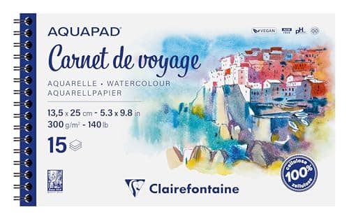 Clairefontaine 975957C - Carnet de Voyage Spiralé Aquapad - 15 Feuilles Papier Aquarelle Blanc Grain Moyen Fin 13,5x25 cm 300g - Idéal pour les Artistes Globe-trotteurs