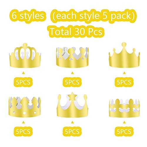 TUPARKA Roi doré couronnes Feuille d'or Papier Chapeau de Couronne de Parti Chapeau pour célébration d'anniversaire bébé Douche Photo Props (30pcs(6 styles))