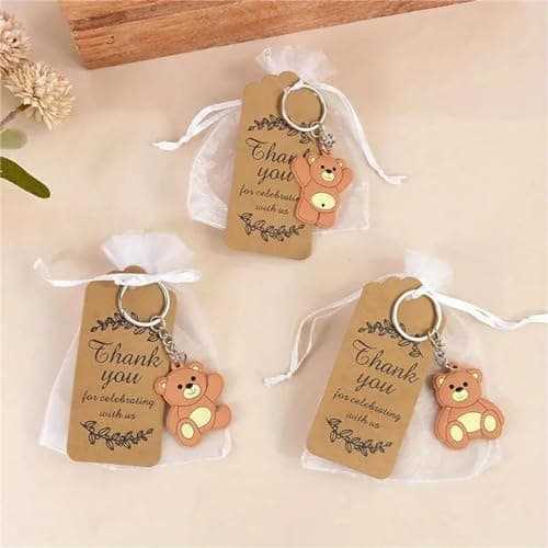Lidzopas Lot de 18 porte-clés mignons en forme d'ours de la jungle avec étiquettes de remerciement en kraft pour sacs en organza pour décoration de fête d'anniversaire