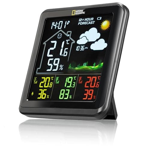 National Geographic Station Météo Couleur sans Fil avec Capteur Extérieur VA avec 4 Zones De Mesures pour Intérieur Ou Extérieur, Noir