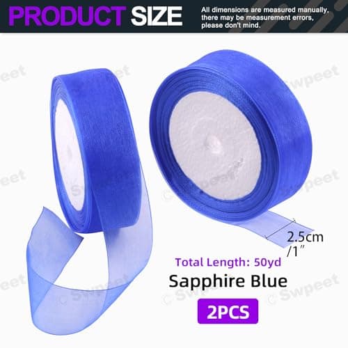 Swpeet Lot de 2 rouleaux de ruban transparent en organza transparent pour bouquets, mariage, décoration d'anniversaire et de mariage - 45,2 m x 2,5 cm - Bleu saphir