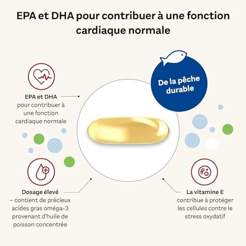 Doppelherz – Omega-3 1400 – Teneur élevée en acides gras Oméga 3 EPA et DHA & vitamine E – Pour la bonne fonction cardiaque – Huile de poisson de mer – 120 gélules