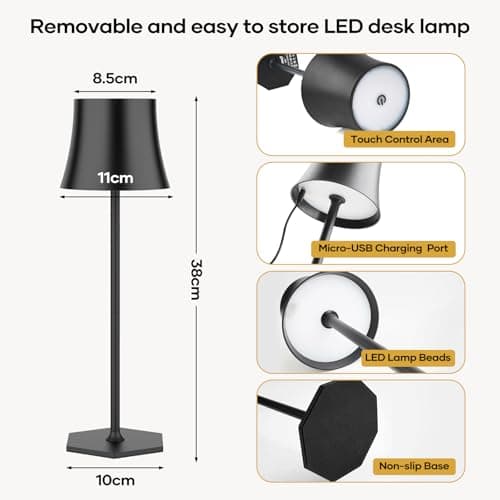 Tyonto Lampe Table LED Rechargeable Sans Fil,Réglage Tactile Batterie 5000mAh,Chargement USB,IP54 Étanche,Peut Poser Bureau,Chevet,Chambre,Extérieur (1 pièce, noir)