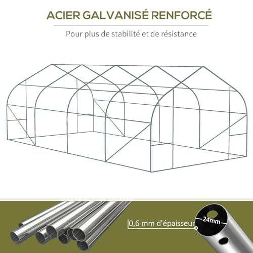 Outsunny Serre de Jardin Tunnel 600 x 300 x 200 cm Porte + 8 fenêtres enroulables métal galvanisé bâche PE Haute densité 140 g/m2 idéale pour Toutes Saisons Blanc