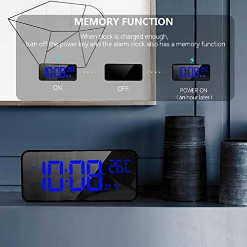 HOMVILLA Réveil Numérique avec Grand Affichage de la Température LED, Alarme de Miroir Portable avec Double Alarme Roupillon Temps Gradateur de Luminosité Réglable sur 4 Niveaux (Noir-1)