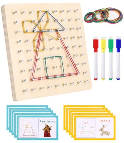 Jouet Montessori Géoboard en Bois,avec Cartes de Motifs et Rubber Band, marqueur pour tableau blanc,8x8 Épingles Pegboard Jeu Maternelle,Montessori Puzzle Forme,Idée cadeau pour garçons,Enfant Jouet