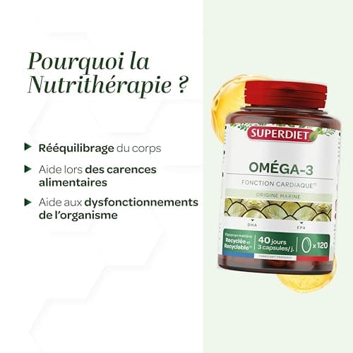 SUPERDIET® - OMÉGA 3 - DHA - EPA - Fonction cardiaque - Huile de poisson sauvage - Nutrithérapie - Conditionné en France - 120 capsules