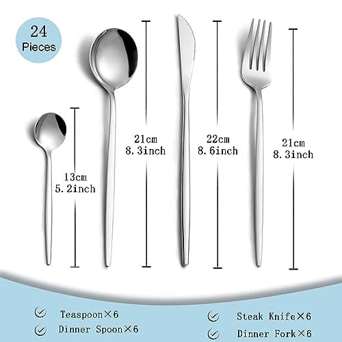 Couverts de table pour 6 personnes, Pleafind 24 pièces couverts en argent, set couverts de table, couverts inox avec couteau, fourchette, cuillère, passe au lave-vaisselle et poli miroir