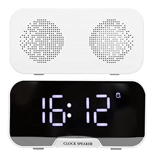 Radio-réveil avec Haut-parleurs Bluetooth pour Bureau de Chambre, Haut-Parleur de Réveil Numérique Portable avec Affichage à LED, Température du Calendrier, Luminosité Réglable(Blanche)
