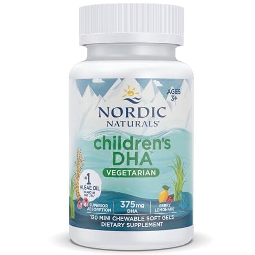 Nordic Naturals, Vegetarian Children's DHA, 375mg d'Oméga-3 d'Huile d'Algues, avec EPA et DHA, 120 Capsules molles végétaliennes, Testé en Laboratoire, Végétarien, Sans Soja, Sans Gluten, Sans OGM