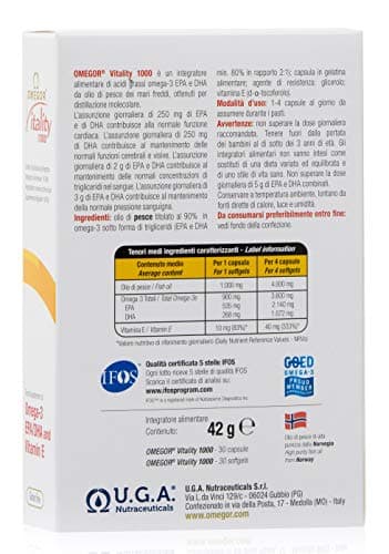 Omegor Vitality 1000 - Supplément alimentaire avec 90% des oméga 3 sous forme de triglycérides - avec de la vitamine E - pour le cœur, la vision et le cerveau en santé - 30 gélules