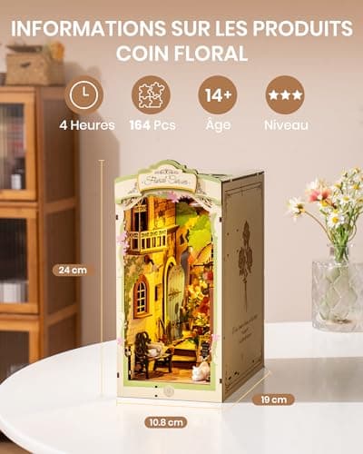ROBOTIME Book Nook Coin Floral avec Lumières LED, Booknook Maison Miniature a Construire, Nook Book Kit Bibliothèque, Cadeaux pour Adultes et Enfants