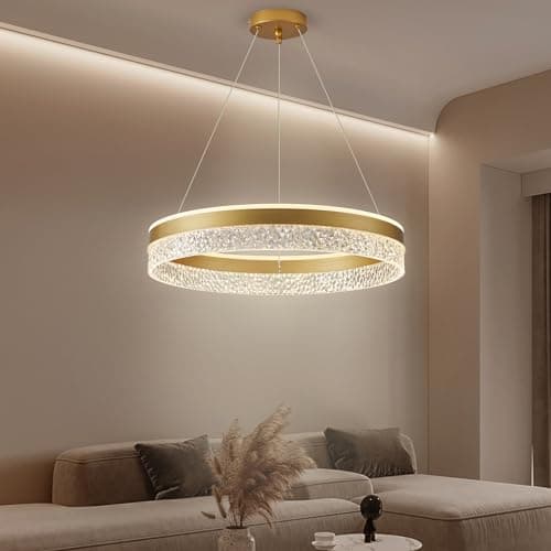 KSIBNW Suspension Luminaire Lustre Salon Dimmables, 36W Moderne LED Lustre Chambre Ajustable Rond Ø50cm Or Lampe à Suspension Anneaux Lustre Suspension en Métal Acrylique, 3000K/4000K/6000K