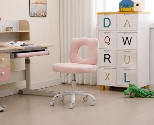 Wahson Chaise de Bureau pour Enfant Chaise Enfant Chambre à roulettes Chaise de Bureau Enfant Réglable en Hauteur, Fauteuil Bureau Enfant pour Chambre, Fausse Fourrure, Rose Clair