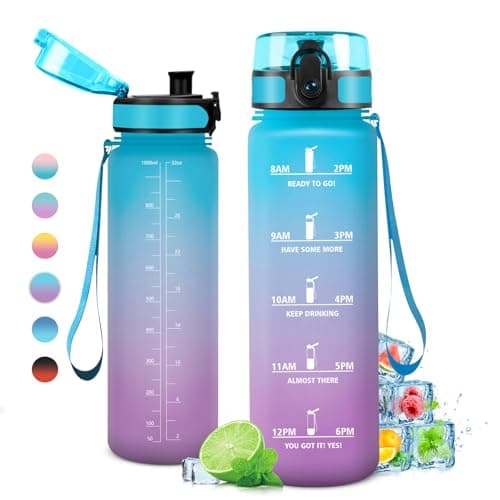 Gourde Sport 1L, Étanche et Réutilisable, Gourde, Bouteille d'eau 1 Litre avec Marqueur de Temps et Filtre, Bouteille pour Adulte, l'école, Cyclisme, Voyage, Camping, Fitness, Yoga, Bureau, Gym