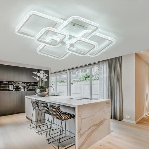 HIHIHOMY Plafonnier Moderne Lampe De Plafond, Avec 6 Cadres Carrés En Cristal En Acrylique, Intensité Variable Avec Télécommande, 3000 K-6500 K, Luminaire Plafonnier Led Metal Encastré Pour Cuisine