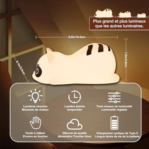 QUIGO Veilleuse Enfant Veilleuse Bébé Rechargeable Lampe de Chevet avec USB Raton Laveur Silicone Tactile Veilleuse LED,Enfant Cadeau D'enfant Cadeau Jouet Garçons et filles
