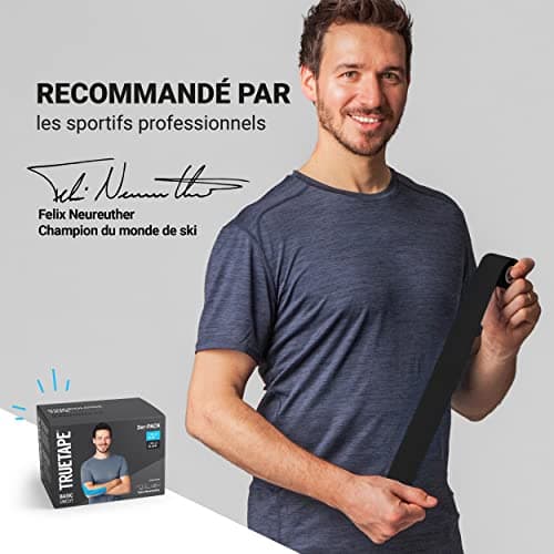TRUETAPE® - Bandes de Kinésiologie en diverses coleurs | Rouleau de 5m x 5cm | Kinesio Tape imperméable et élastique pour le sport | Kinesiology Tape | Bleu & Noir