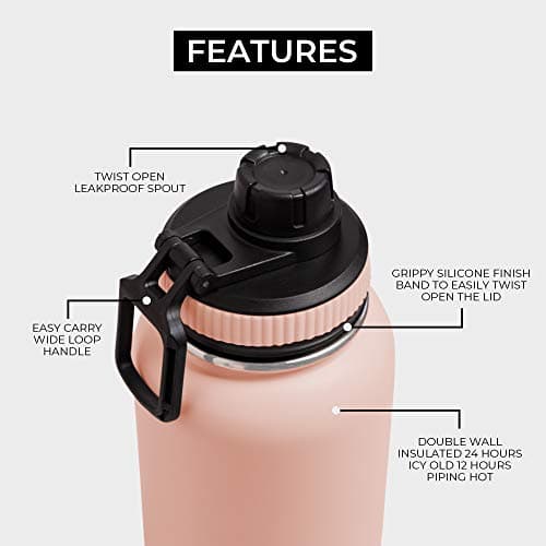 BOZ Gourde Isotherme En Acier Inoxydable 1L, Sans BPA, Isolation Sous Vide | Gourde Inox Avec Couvercle Anti Germe, Bouteille d'Eau 1 Litre pour Bureau, Sport, Voiture, Randonnée, Gym (Rose poudré)