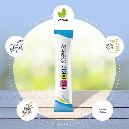 PEDIAKID Calcium C+ Enfant - Croissance Osseuse & Dents Solides 14 Sticks | Dès 3 ans, goût cola, vitamine D3, santé des os et des dents, poudre acidulée qui fond et pétille