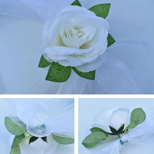 Kit de Décoration de Mariage pour Voiture - 9 Roses, 2 Gaze Blanche, 6 Nœuds avec Guirlande Florale et Autocollant Just Married