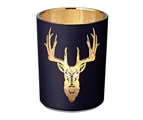 EDZARD Photophore Lio (hauteur 13 cm, diamètre 10 cm), extérieur noir/intérieur doré avec motif de cerf