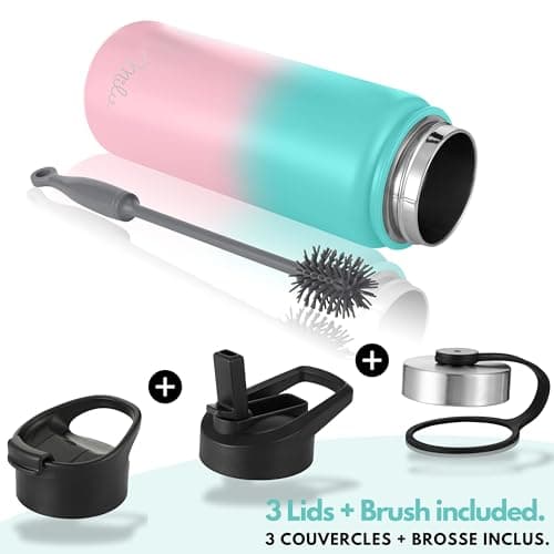 Milu Bouteille en acier inoxydable 500ml, 750ml, 1000ml (+3 couvercles) - Bouteille thermo avec paille, bouteille d'eau, pour boissons chaudes, froides et gazeuses (rose menthe, 1l)