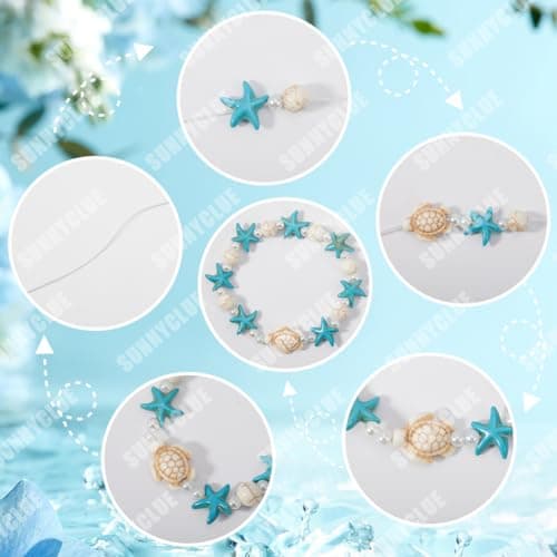 SUNNYCLUE 1 boîte 6 ensembles de Kits de Fabrication de Bracelets D'Été, Étoile de Mer, Tortue de Mer, Perles D'Animaux de L'Océan, Perles Turquoise Porte-Bonheur, Pierres Précieuses en Vrac, Breloque