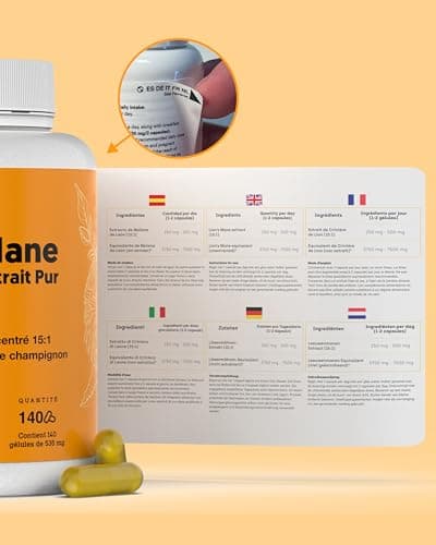 Lions Mane Pure 7500mg (2x1) Ultra-concentrée 50% | Nootropic : Mémoire, Concentration et Santé Cérébrale | Amélioration Cognitive à Long Terme | Bien-être Émotionnel et Gastro-intestinal | 140 Caps