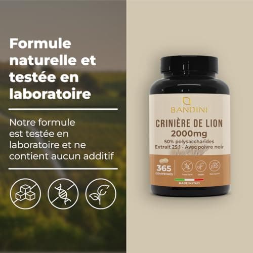 Bandini® Crinière de Lion 2000 mg | 365 Comprimés Vegan 1 An (1 comprimé par jour) | Extrait 25:1 de Lion's Mane Mushroom avec Poivre Noir | 50% polyphénols | Champignon Hericium Erinaceus 100% Vegan