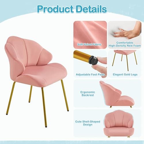 Yaheetech Fauteuil de Salon Moderne, Design Coquillage, Chaise de Chambre à Coucher Confortable, Rembourré, Ergonomique, Fauteuil en Velours avec Dossier, Pieds en Métal Plaqué Or, Rose