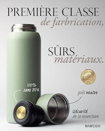 MAMEIDO Bouteille Isotherme 1l avec Mug en Acier inox, Gourde Isotherme 1l chaude 12h, Thermos 1l étanche 100% sans BPA, café et thé pour la route (Dessert Sage, 1000ml)