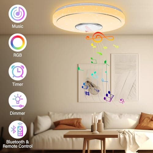OGVDOE 48W Plafonnier Rond LED Dimmable Changement de Couleur RGB Lampe de Plafond Ø30CM Éclairage de Plafond LED avec Haut-parleur Bluetooth Télécommande et App Contrôle pour Chambre Salon