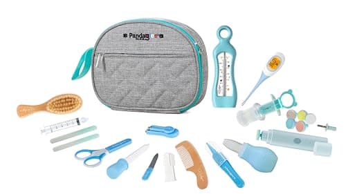 Pandagies PARIS - Trousse de Soin Bébé Naissance Française 15 Accessoires Complet Mouche Bébé Lime Ongle Electrique Trousse de Toilette Maternité Thermomètre de Bain Enfant Nourrisson