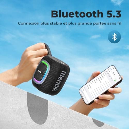 RIENOK Enceinte Bluetooth 5.3 Portable, Haut Parleur Puissant Lumineuse, Autonomie 15H, 1800mAh, Fonction Radio, Port Clé USB, AUX, TF Carte, pour Soirées Plage, Randonnées, Voyage