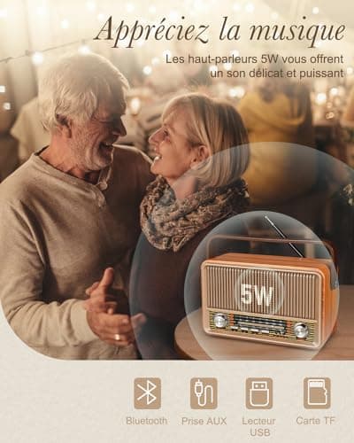 PRUNUS J-120 Poste Radio Vintage, AM/FM/SW Radio Portable avec Batterie Rechargeable 1800mAh, ou Alimentation Secteur, Radio Bluetooth, Radio Vintage Retro Prend en Charge la Fonction USB/TF/AUX