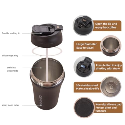 ZMHQLPDZ Tasse à café isotherme en acier inoxydable de 414 ml, étanche, avec couvercle à vis, gobelet à café à double paroi réutilisable pour boissons chaudes/glacées, 400 ml (noir)